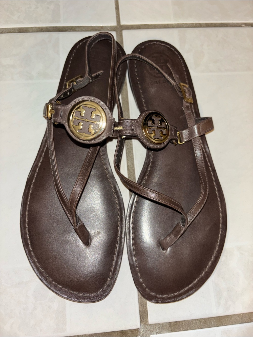 Tory Burch Dark Brown Leather Logo Sandals with Gold Medallions